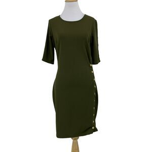 Haute Monde Snap Button Dress Womens M Medium Avocado Mid Sleeve Bodycon Stretch